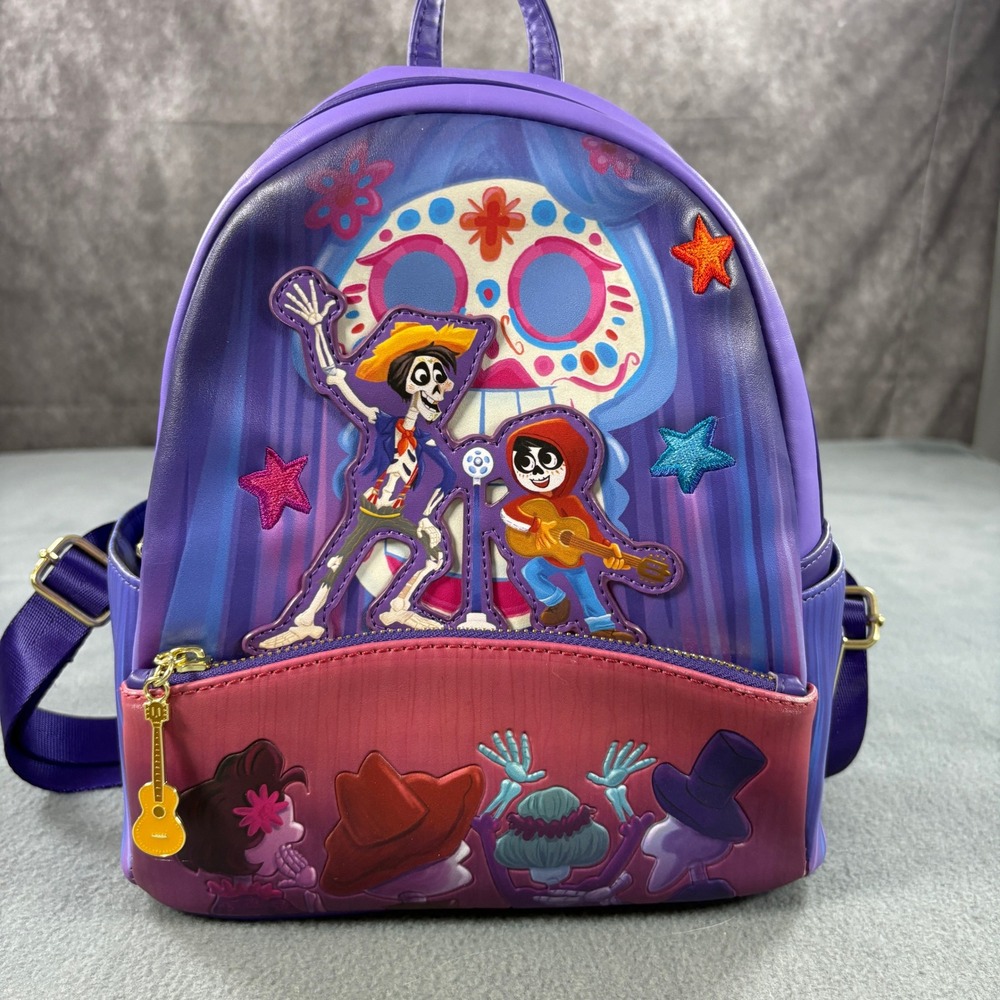 Loungefly Disney Pixar Coco Miguel Hector Performance Mini Backpack Purple